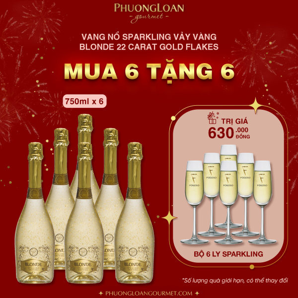 6 CHAI RƯỢU VANG NỔ SPARKLING VẢY VÀNG BLONDE 22 CARAT GOLD FLAKES